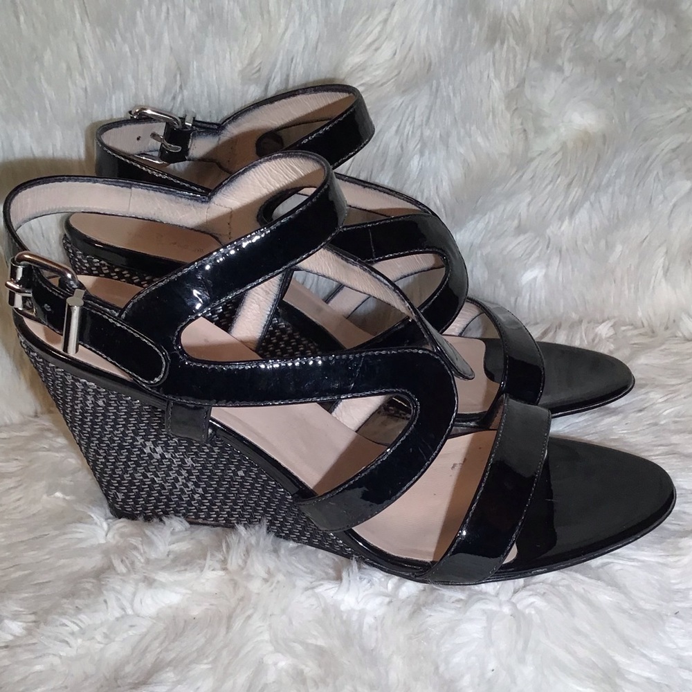 Aquatalia black patent leather wedge sandal size 9.5